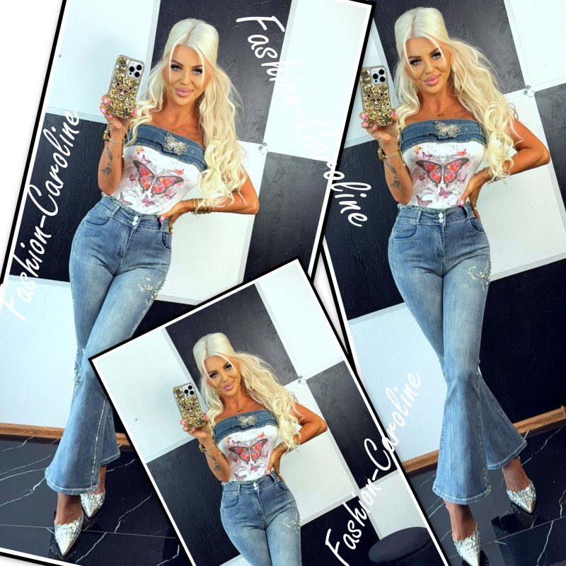 Bluzka/top biała łączona z jeansem, motyl	B116