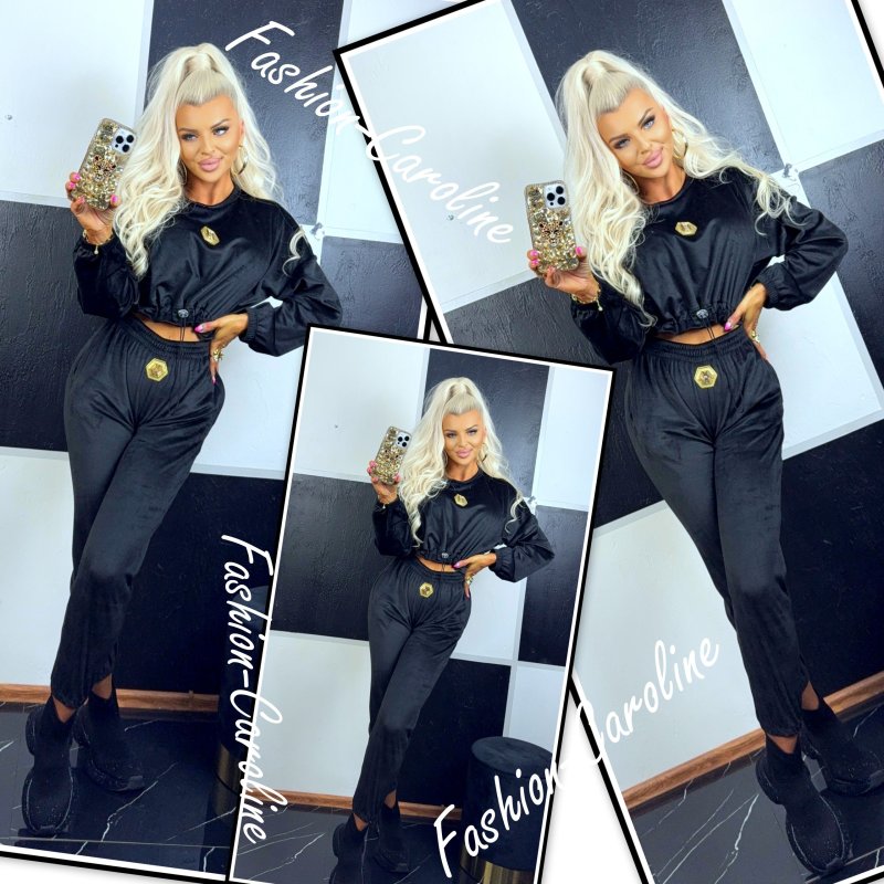 Komplet czarny welurowy bluza dół ściągany, złota ozdoba + spodnie, dół nogawki ściągacz, złota ozdoba	XS/S,  S/M,  M/L B937