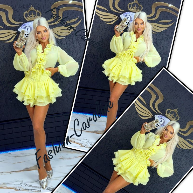 Komplet żółty koszula spódniczko spodenki, falbanki, wiązania S/M,  M/L    D66