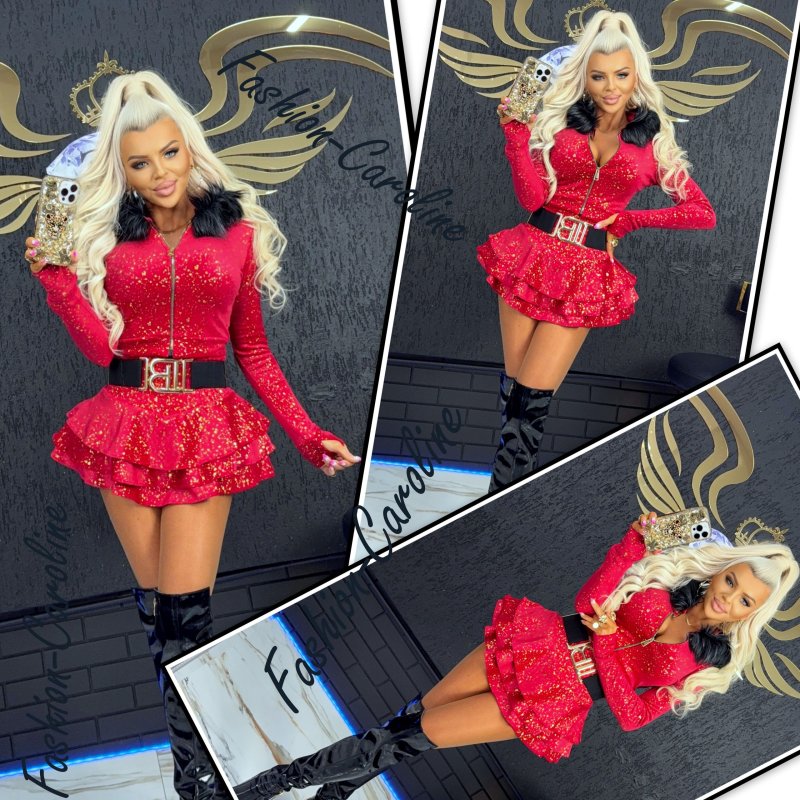 Spódniczko spodenki czerwone welurowe nakrapiane złotem, 3 falbanki, pas gumowany	 XS/S,  S/M C358