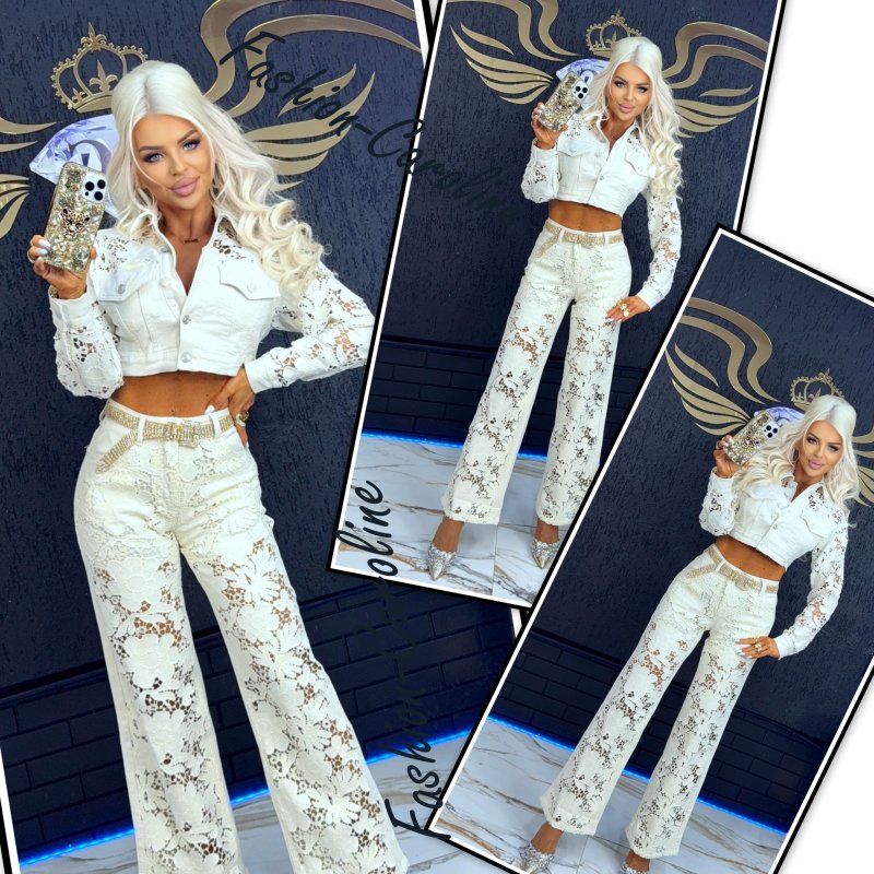 Spodnie jeans beżowe, przód koronka XS, S, M, L, XL D94