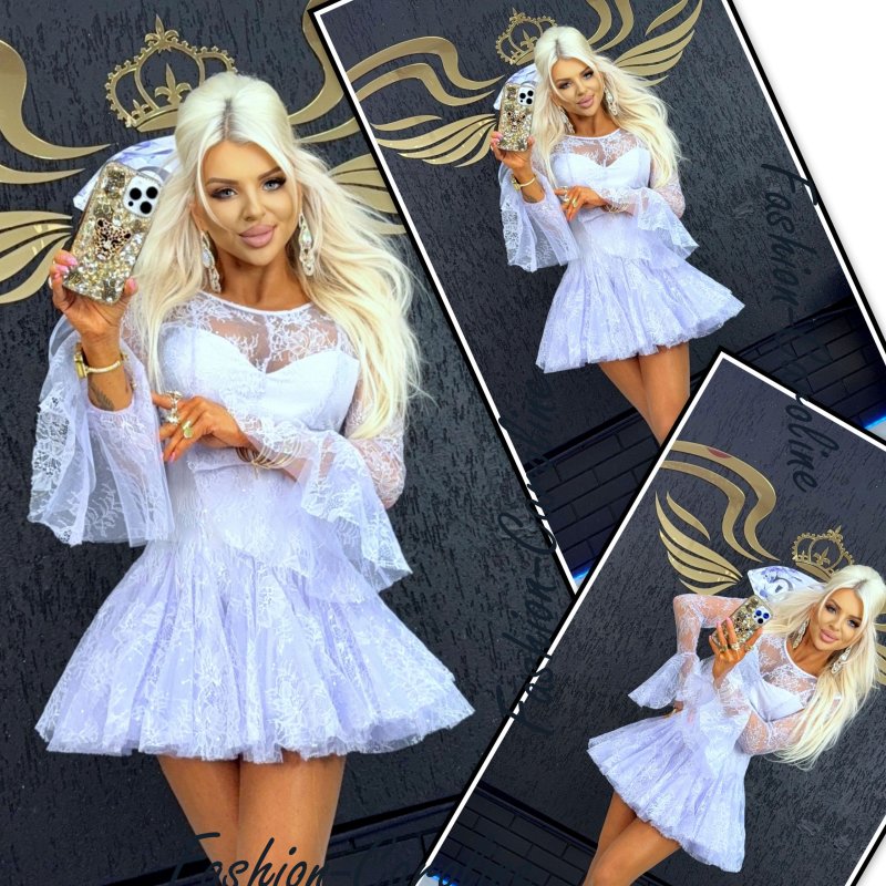 Sukienka fioletowa koronkowa, dół falbanki, dzwoneczkowe rękawy, cekiny  S, M, L  D439